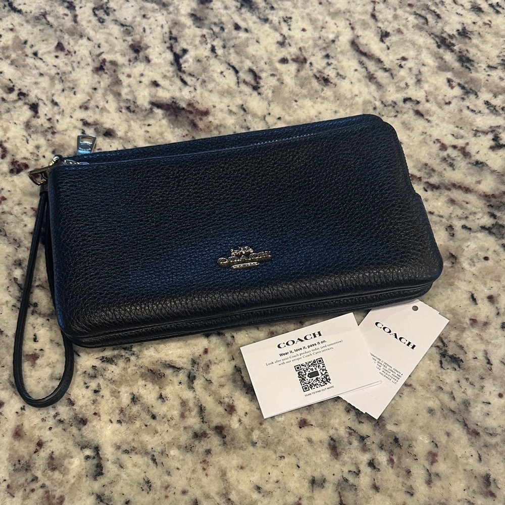 Coach Pebbled Black Leather Double Zip Wristlet